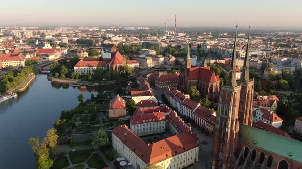 Aerial view of Cathedral and Sand Islands in Wroclaw, Poland