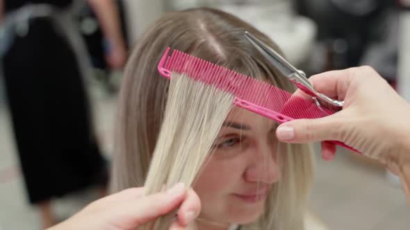 Hairdresser's Hands Pull a Strand of Hair Near the Face of a Young Beautiful Woman and Cut Her Hair