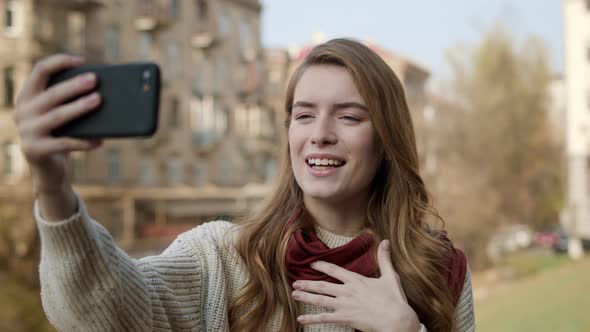 Hipster Woman Recording Selfie Video Outdoors, Happy Girl Making Video Call