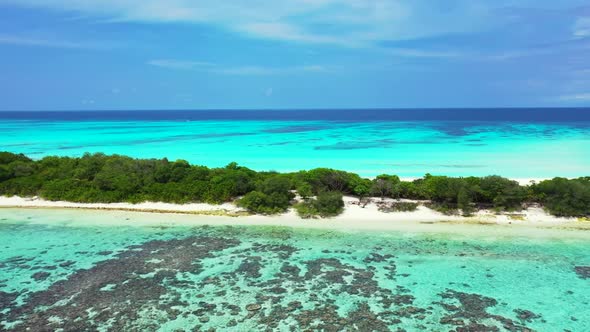 Aerial drone shot texture of tranquil coastline beach journey by clear lagoon with white sand backgr