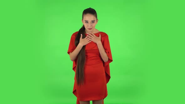 Pretty Young Woman Is Pointing Herself, Say Who Me No Thanks i Do Not Need. Green Screen
