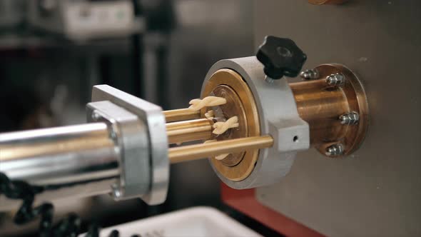 Tortiglioni Cazarece Spaghetti Pasta Falling From a Spout As They Travel Along the Production Line