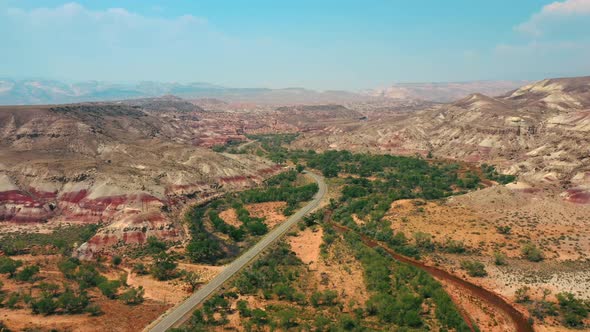 Scenic Road Driveway To Bentonite Hills Near Hanksville, Utah. - Aerial Drone