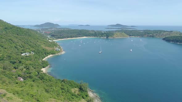 Aerial view of seashore in phuket island.Beautiful sea surface Amazing waves seascape mountain view