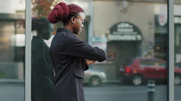 Beautiful Stylish Fashionable Lady Young Girl Model African American Woman in Black Walking Down