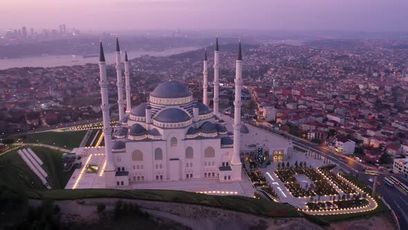 Aerial Drone View of Istanbul Camlica Mosque and Bosphorus, Biggest Mosque in Europa 