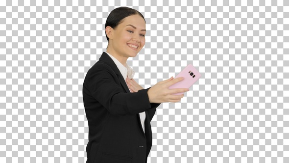 Smiling Businesswoman taking selfie on, Alpha Channel
