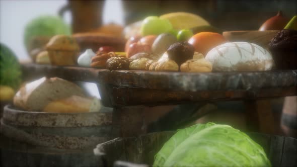 Food Table with Wine Barrels and Some Fruits Vegetables and Bread