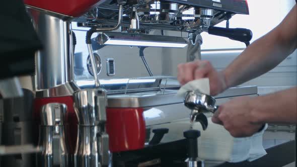 Barista Take Coffee Grind in Group, Prepare To Brewing Espresso Shot