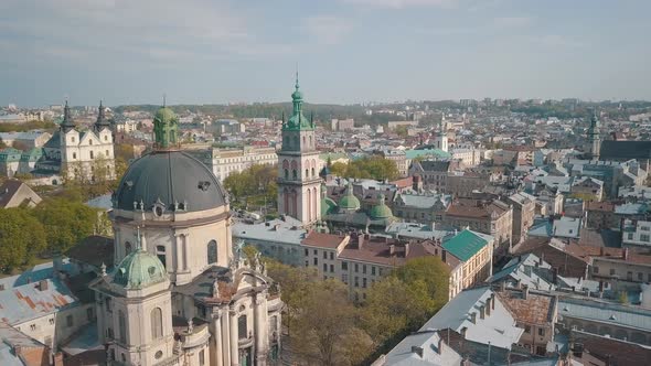 Aerial City Lviv, Ukraine. European City. Popular Areas of the City. Dominican