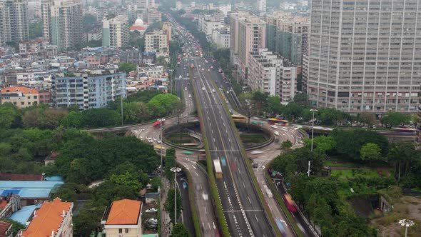 Guangzhou Roundabout Highway Traffic Aerial Cityscape Panorama China Timelapse Pan Up