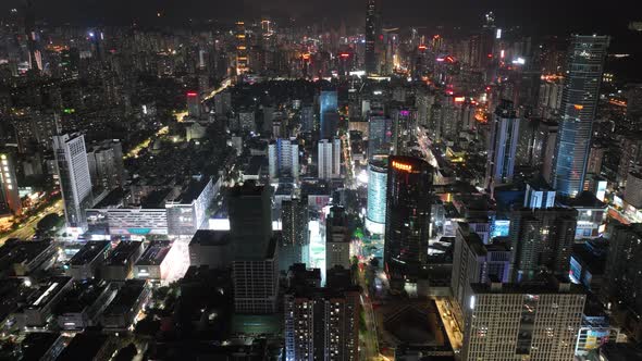 Aerial footage of landscape at night in shenzhen city, China, Hyperlapse