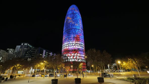 Timelapse of Barcelona with Illuminated Torre Agbar at Night, Spain