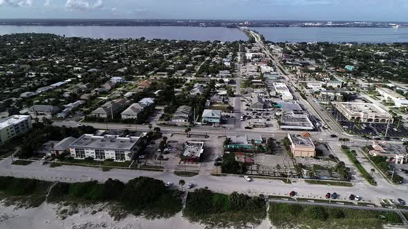 The City of Indialantic Beach, Florida is seen from the Atlantic Coastline with the Indian River and