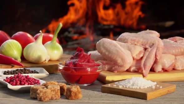 Closeup of the Ingredients for the Preparation of Grilled Chicken Wings