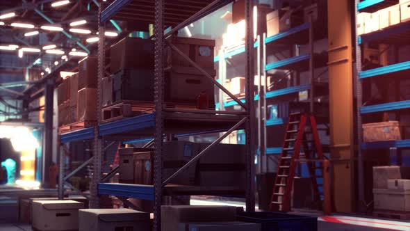 Modern Warehouse Shelves with Pile of Cardboard Boxes alt