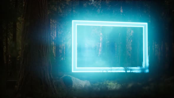 Neon Glowing Rectangle Frame in the Night Forest alt
