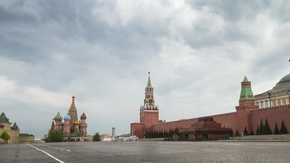 Empty Red Square without people. St. Basil's Cathedral, Mausoleum and Kremlin. Time lapse