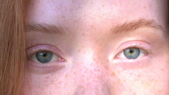 Beautiful Blue Eyes of a Redhead Girl Close Up