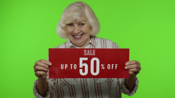 Senior Grandmother Showing Up To 50 Percent Off Inscription, Advertising Discounts, Looking Amazed