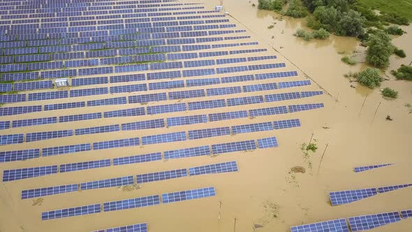 Aerial view of flooded solar power station.