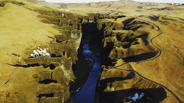 Drone Over Fjaora River And Sunlit Fjaorargljufur Canyon