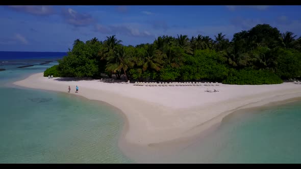 Aerial drone sky of exotic seashore beach journey by blue water and white sand background of a dayou