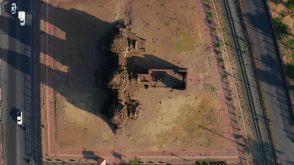 Aerial View of Pra Prang Sam Yod or Phra Prang Sam Yot Ruin Temple with Monkeys in Lopburi Thailand alt
