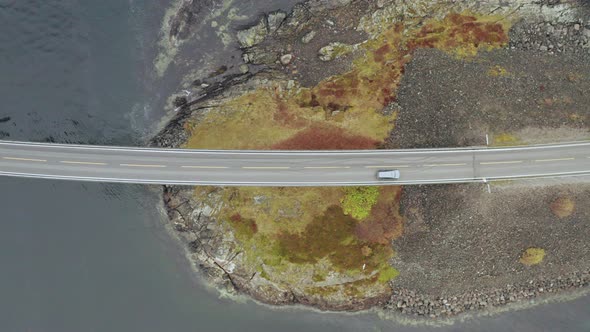 Drone Over Asphalt Road Of Storseisundet Bridge (The Atlantic Road) In Norway. Aerial