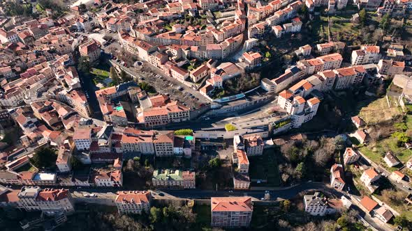 Aerial View of Dense Historic Center of Thiers Town in PuydeDome Department AuvergneRhoneAlpes