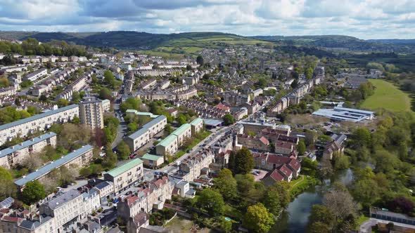 Panorama aerial of Bath, UK. Looking across the eastside of town, including Camden and Larkhall esta