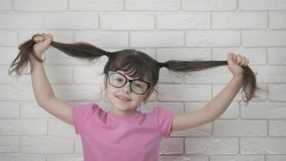 Portrait of a cute child in glasses with ponytails.