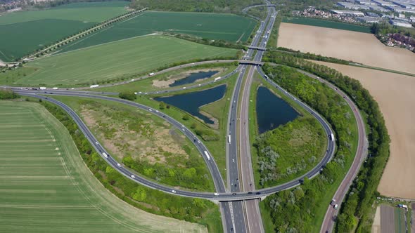 Aerial view of highway interchange. 