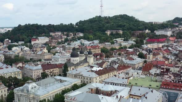 City skyline of old European buildings in Lviv Ukraine during sunset in the summer