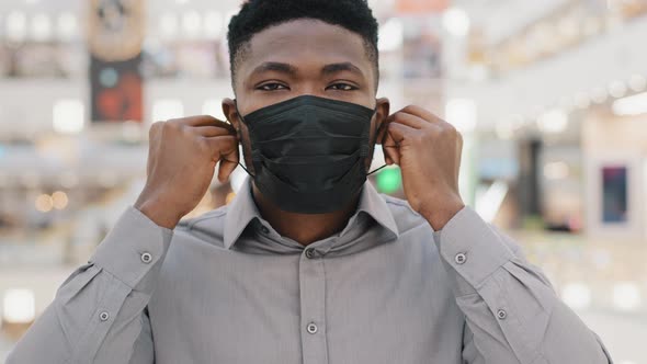 Closeup Young African American Man Wearing Protective Mask Looking at Camera Happy Confident Guy