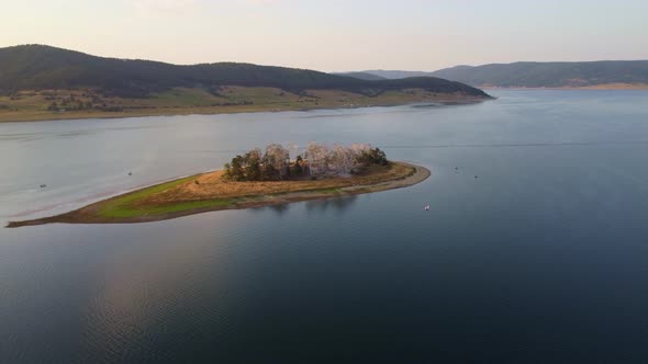 Aerial Panoramic View of Island on a Batak Reservoir Located in Bulgaria Rhodopa Mountains