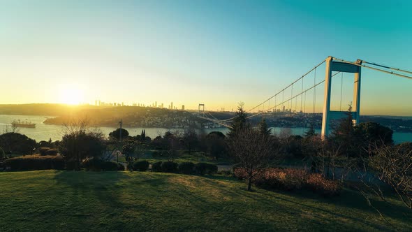 Istanbul Bosphorus Fatih Sultan Mehmet bridge, at sunset. Bosphorus bridge panorama.