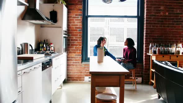 Lesbian couple interacting with each other in the kitchen