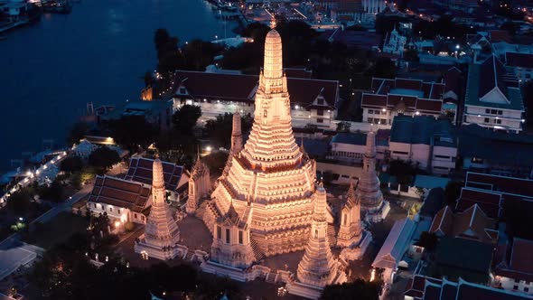 Aerial View of Wat Arun Temple in Bangkok Thailand During Lockdown Covid Quarantine
