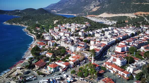 The top view from the drone of Kas resorts, bay, yahts, city in Mugla in Turkey