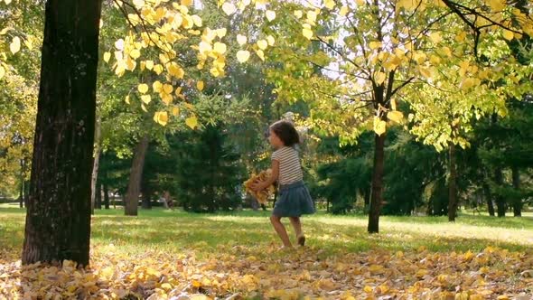 Little Girl Throwing Autumn Leaves in Park