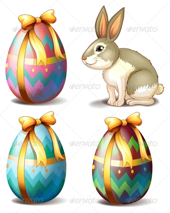 Three Colorful Eggs and Cute Bunny