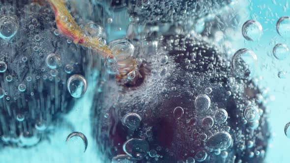 Black Grapes in Water with Air Bubbles Close Up Macro