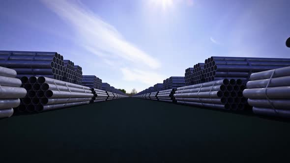 Background CG animation of steel pipes bunches. Tubes building construction