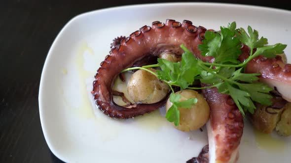 Mediterranean Dish of Stewed Octopus Boiled Whole Potatoes Seasoned with Greens and Salad