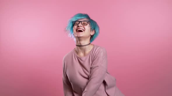 Unusual Woman with Blue Hair Having Fun,dancing Meme Trendy Social Network Dance