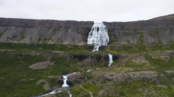 Waterfall Dynjandi In Arnarfjordur In The Westfjords Of Iceland - aerial forward