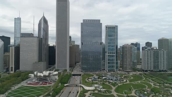 Aerial view of skyscrapers and the Millennium Park