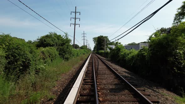 A low angle view looking straight down train tracks with green trees on either side. It runs through