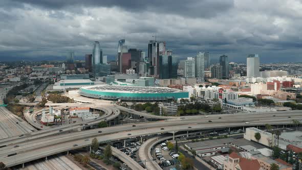 Sun Is Shining Over the Scenic Downtown Los Angeles. Aerial of Busy Highway 